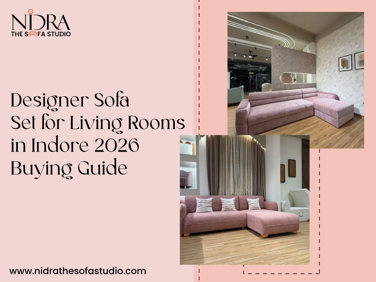 Modern designer sofa set for living room in Indore showroom with premium fabric and contemporary style