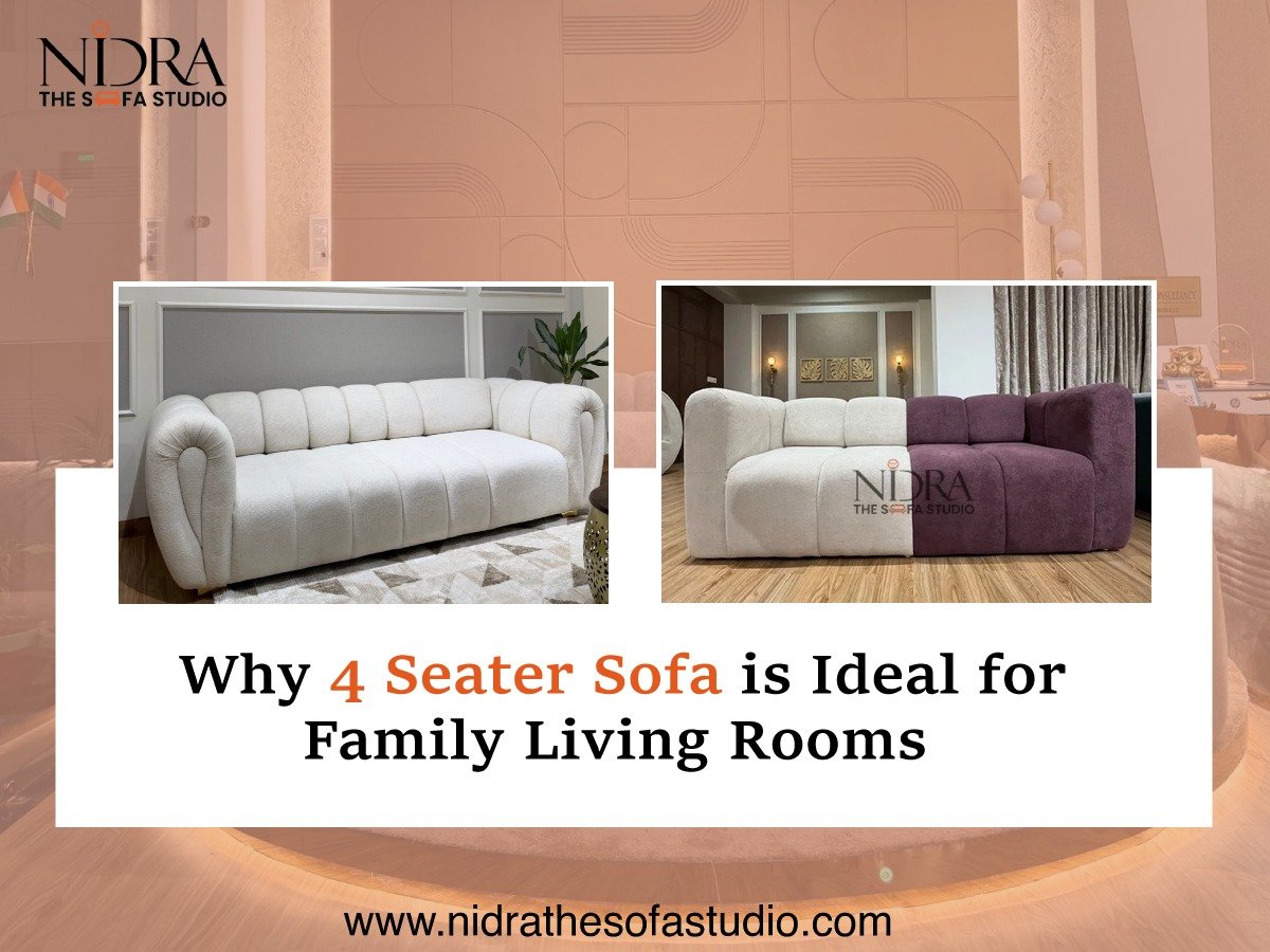 Modern 4 seater sofa set in a stylish living room showing comfortable seating ideal for family spaces and modern home interiors.