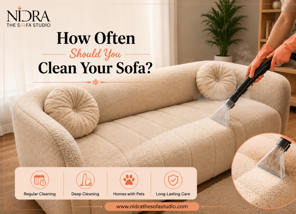 Modern beige sectional sofa being professionally cleaned in a bright living room, with cleaning tools and fresh cushions, alongside the text “How Often Should You Clean Your Sofa? The Complete Guide for Every Home”.