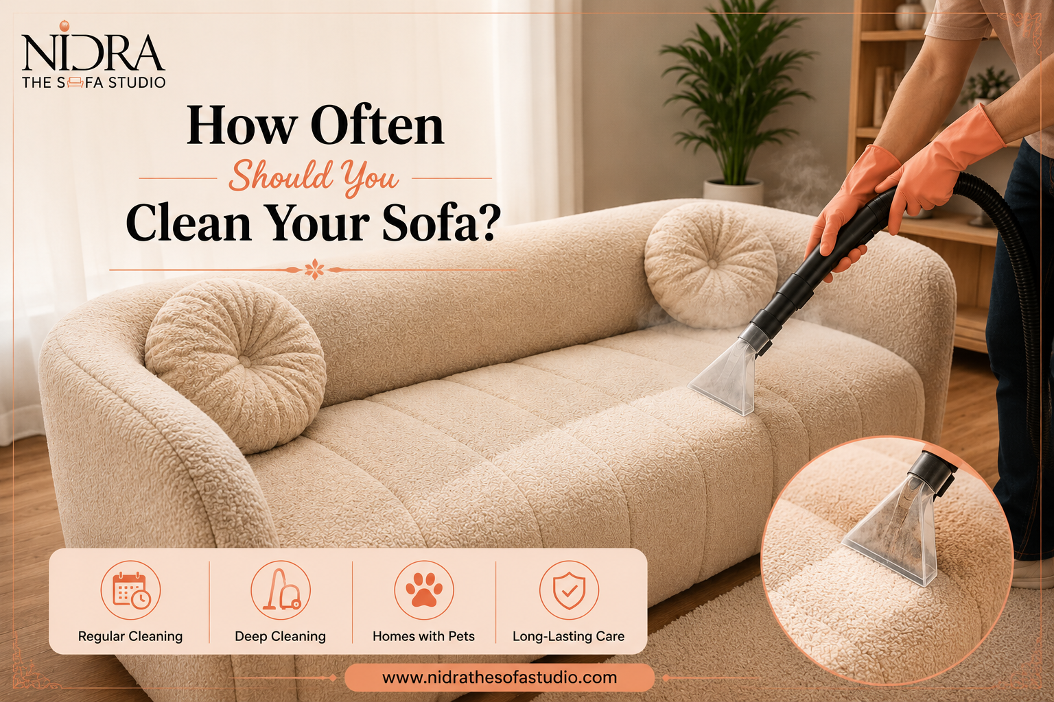 Modern beige sectional sofa being professionally cleaned in a bright living room, with cleaning tools and fresh cushions, alongside the text “How Often Should You Clean Your Sofa? The Complete Guide for Every Home”.