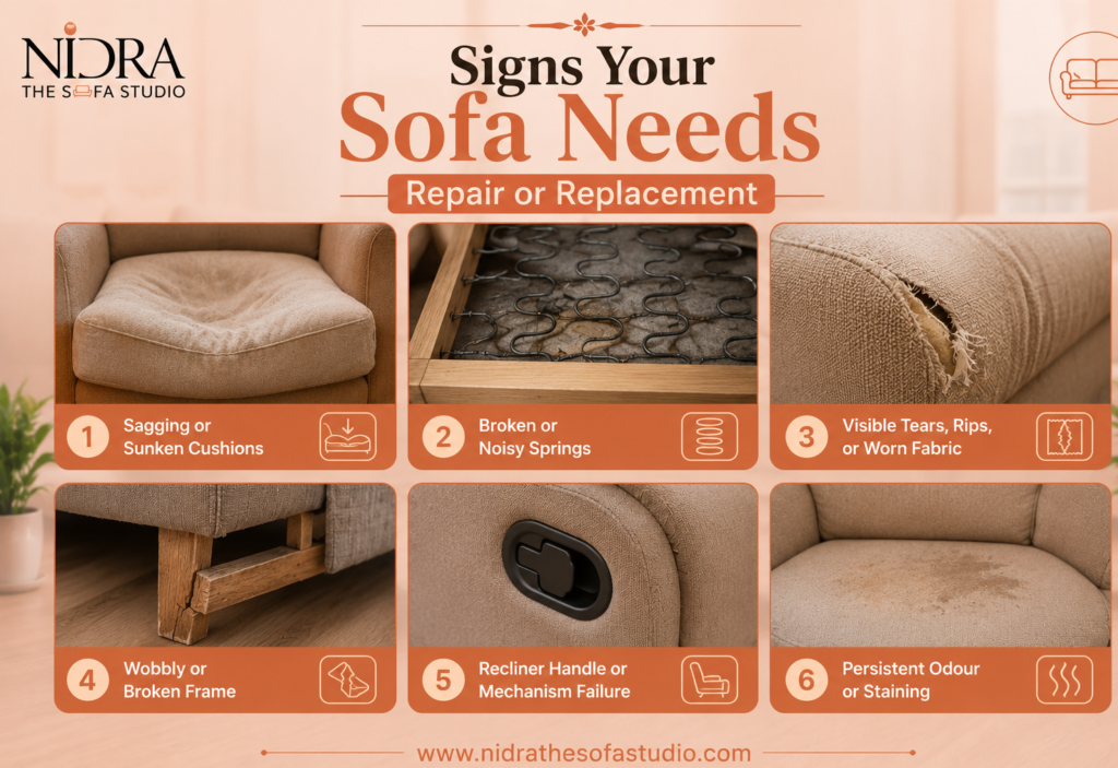 Damaged modern sofa with sagging cushions and torn fabric in a stylish living room, showing clear signs that the sofa needs repair or replacement.