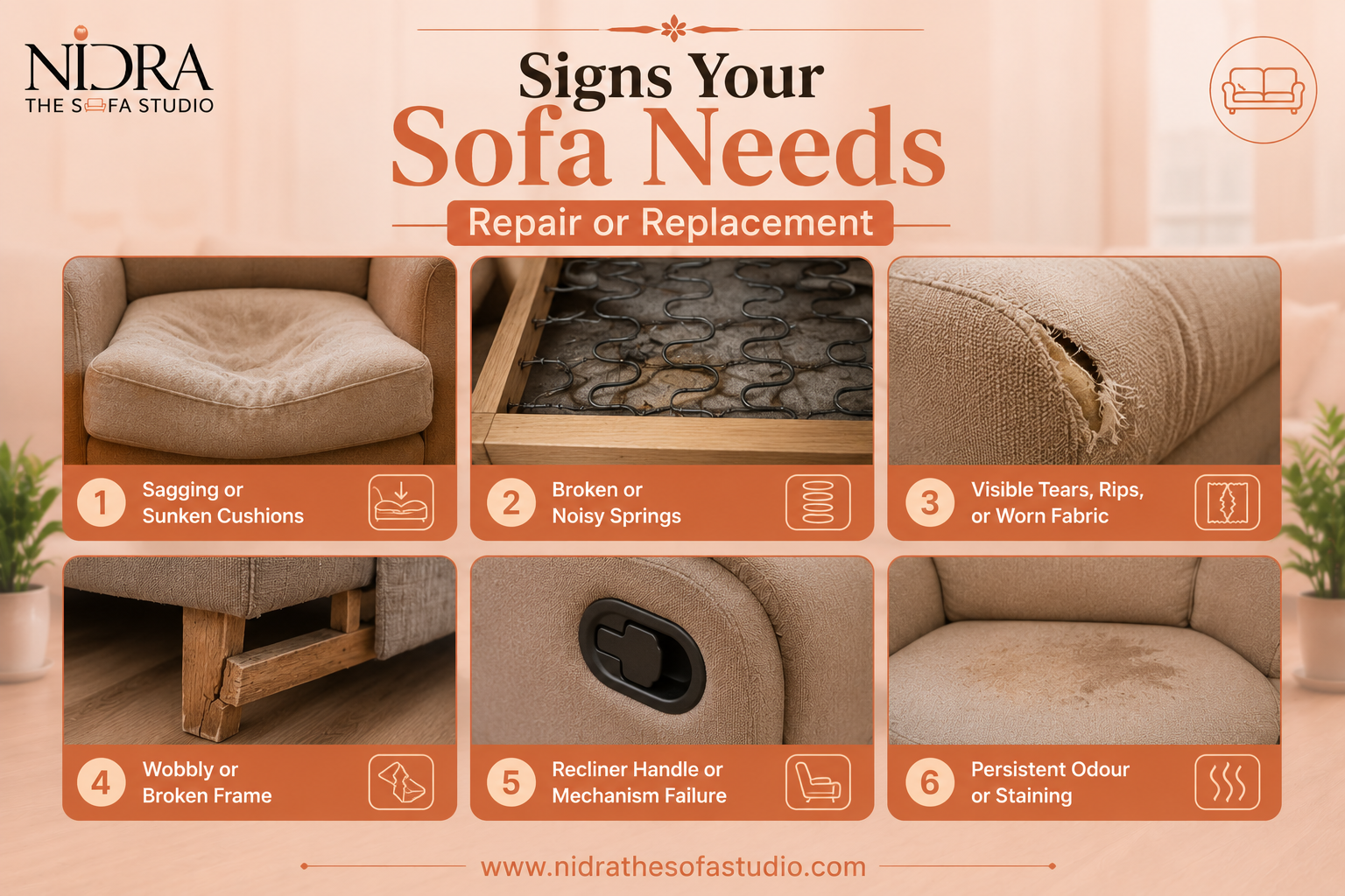 Damaged modern sofa with sagging cushions and torn fabric in a stylish living room, showing clear signs that the sofa needs repair or replacement.