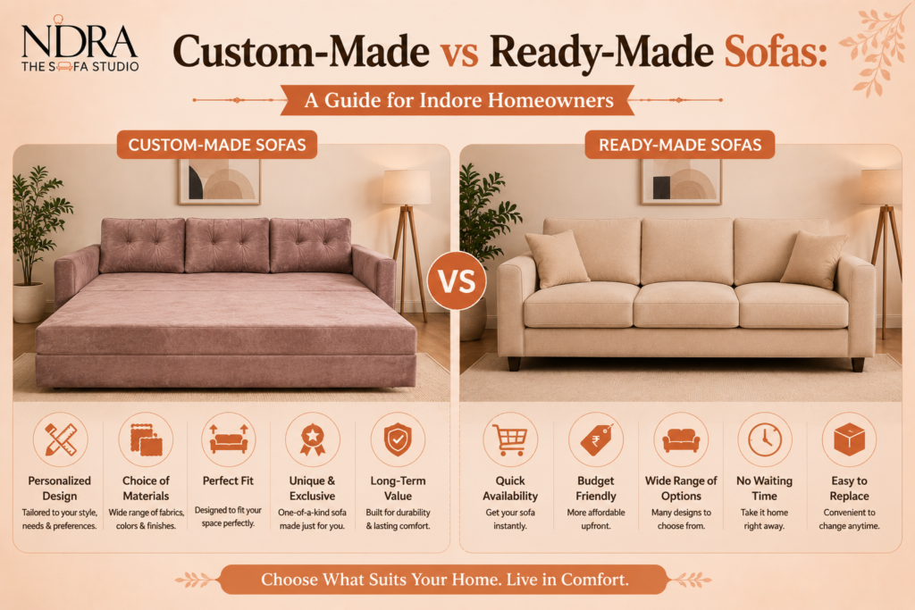 Alt Text: Custom-made vs ready-made sofas comparison for homeowners in Indore, showcasing design, customization, comfort, and style options.