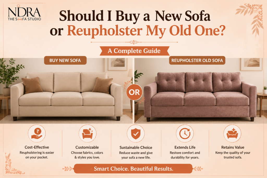 Comparison of an old worn-out sofa and a beautifully reupholstered sofa, helping homeowners decide whether to buy a new sofa or choose sofa reupholstery and renovation services.