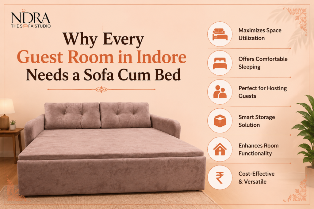 Modern sofa cum bed in a stylish guest room in Indore, showcasing a space-saving furniture solution that offers both comfortable seating and convenient sleeping space for guests.