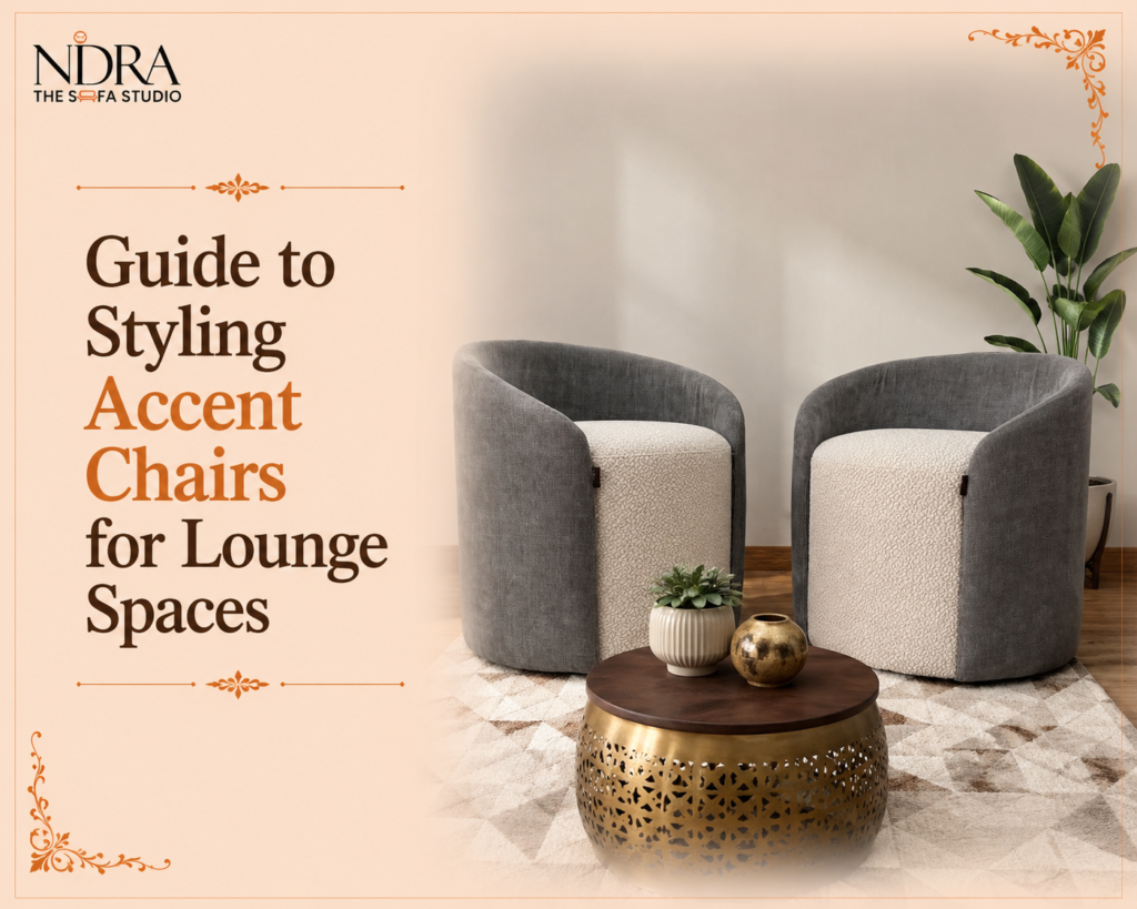 Modern accent chair for lounge spaces with stylish upholstery by Nidra The Sofa Studio Indore