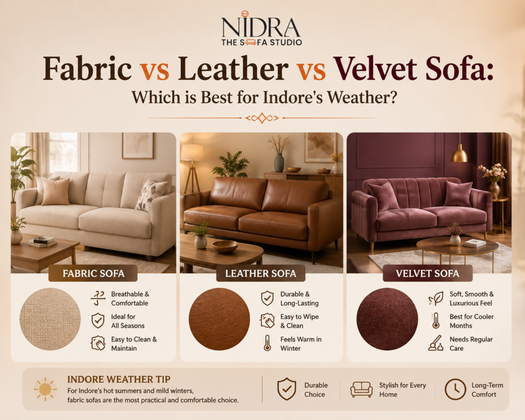 Fabric vs Leather vs Velvet Sofa comparison for Indore weather and home comfort