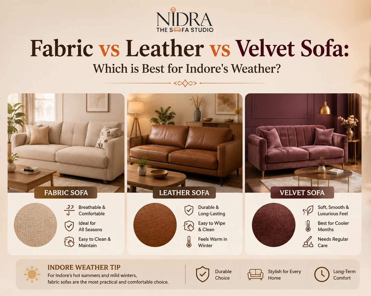 Fabric vs Leather vs Velvet Sofa comparison for Indore weather and home comfort