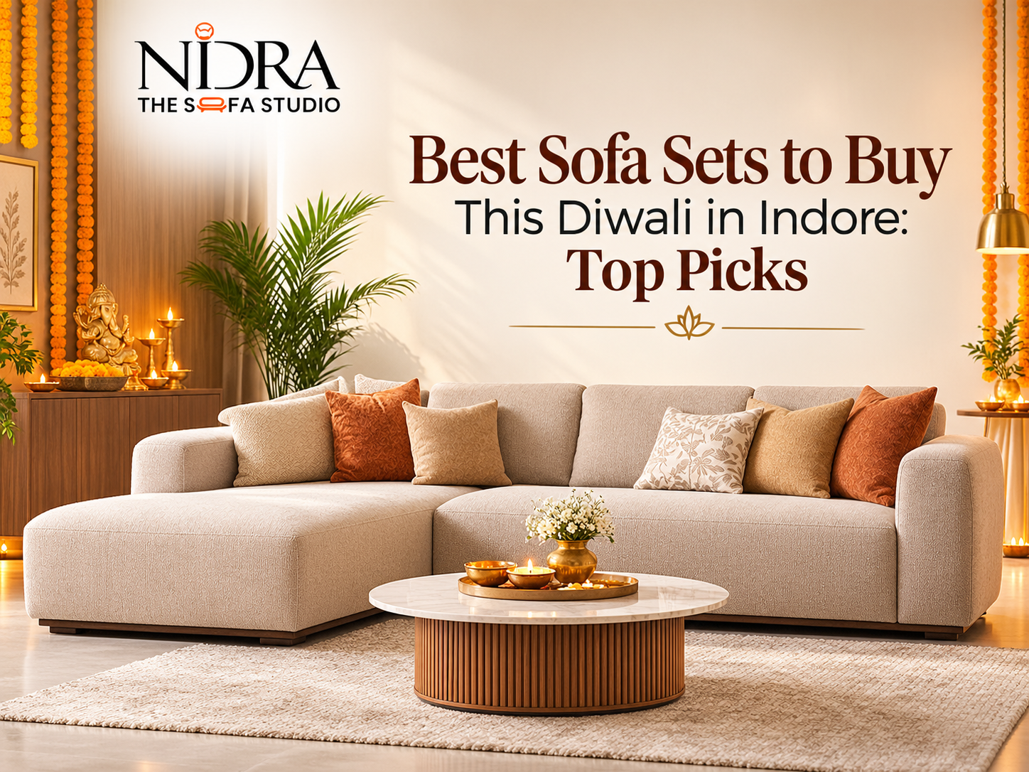 Best sofa sets to buy this Diwali in Indore, featuring a modern L-shaped sofa and elegant festive living room decor by Nidra: The Sofa Studio.
